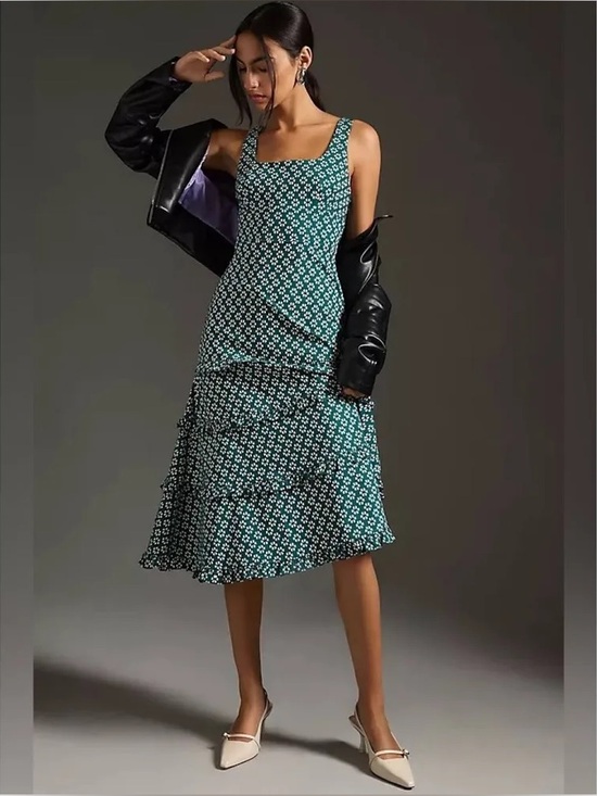 Anthropologie Dresses & Skirts - By Anthropologie Blythe Floral Tiered Midi Dress Green Large Square Neck
